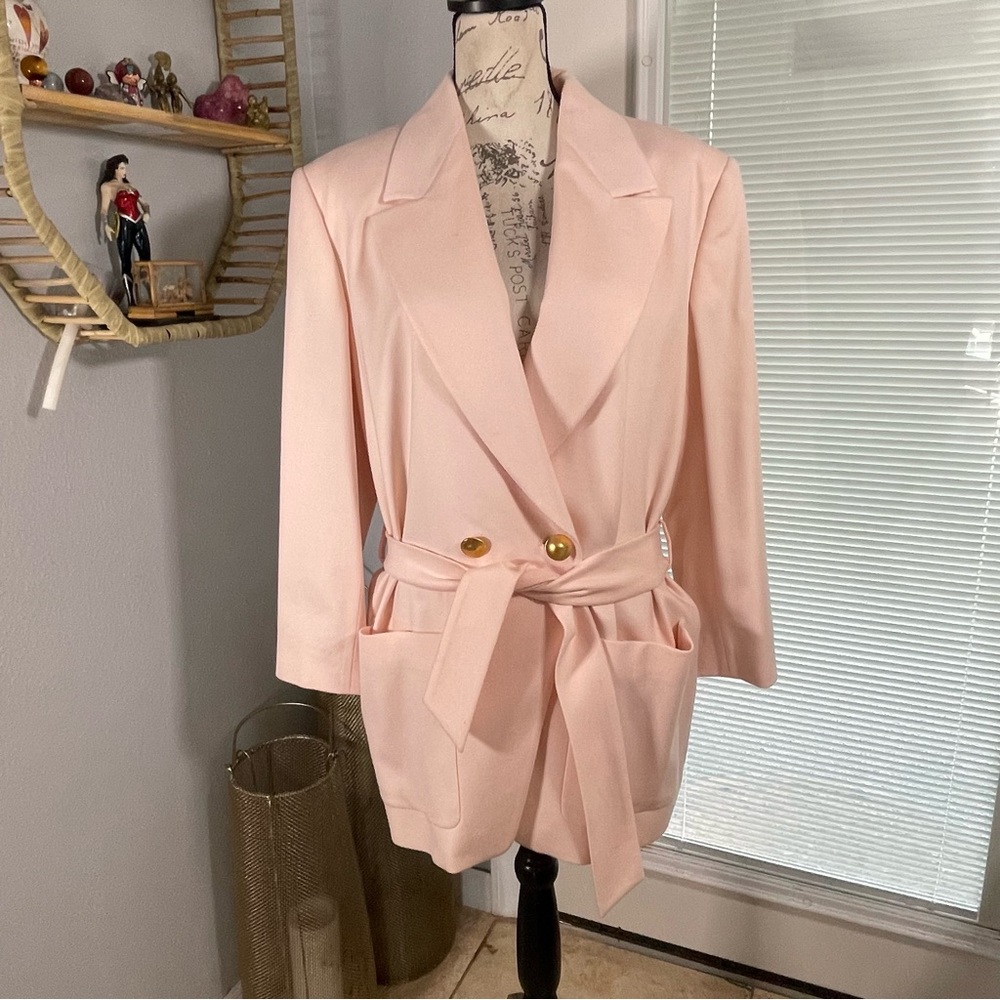 SOLD ESCADA Margaretha Ley 90’s Baby Pink Belted Dbl Breast Wool Cashmere Blazr - Picture 1 of 16